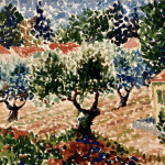 An impressionistic painting of trees and a house donated by a holocaust survivor.