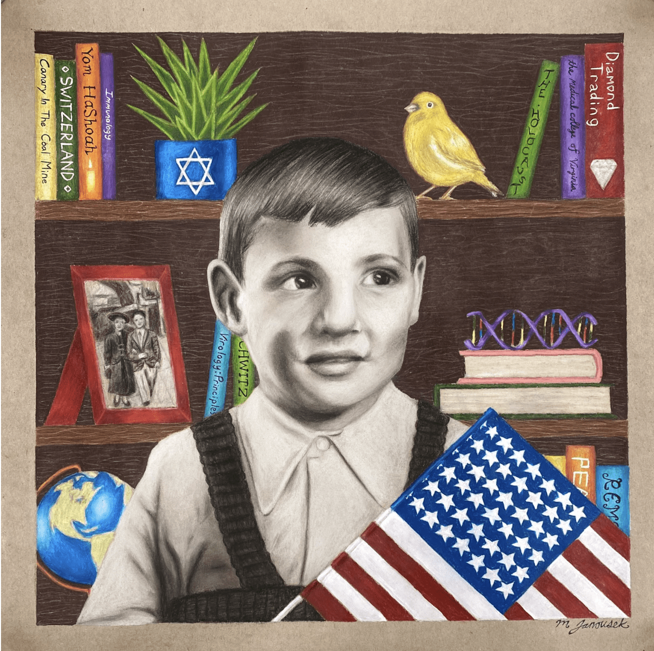 Pencil drawing of Roger Loria as a little boy holding an American Flag