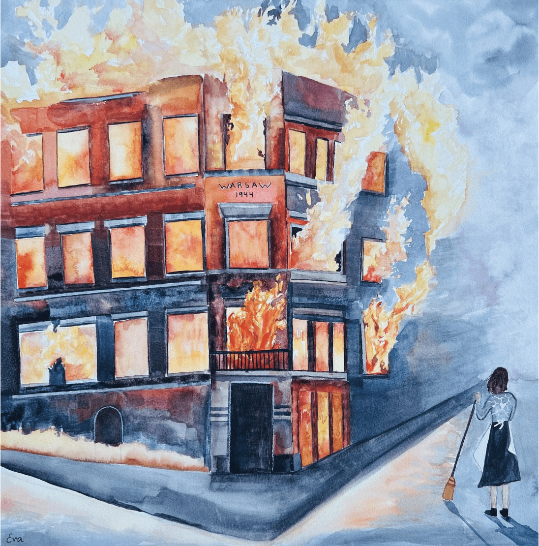 Painting of a building in flames as a woman on the street looks up and watches