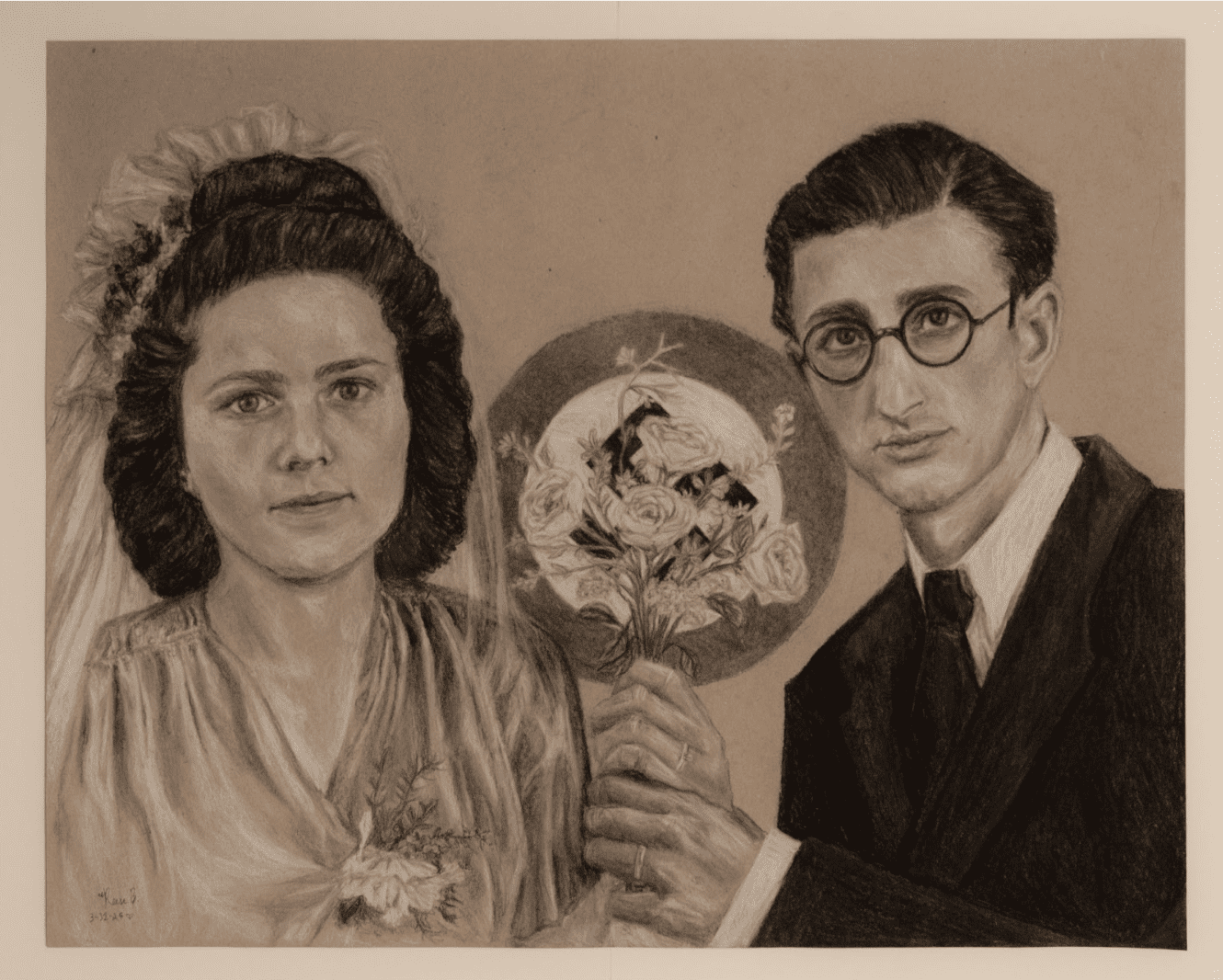 A wedding pencil drawing of two Holocaust Survivors who have married
