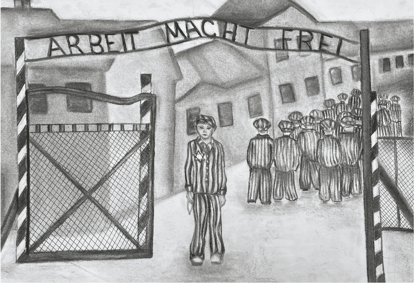 A drawing of Sol Zimm as as a young boy wearing his uniform at the gates of Auschwitz.