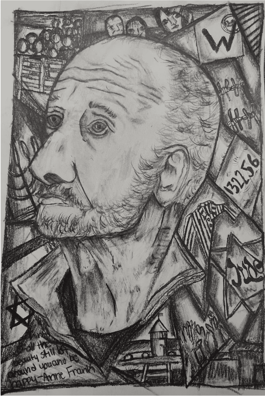 a pencil drawing of a holocaust survivor and all the images that stay in their minds of their time in the camps